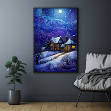 Winter Poster - Warm House in Snowfall, Oil Painting Style Wall Art Print for Cozy Seasonal Deco