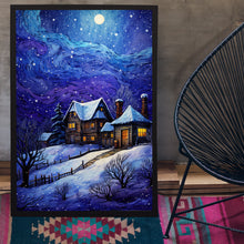 Winter Poster - Warm House in Snowfall, Oil Painting Style Wall Art Print for Cozy Seasonal Deco