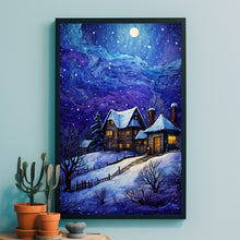 Winter Poster - Warm House in Snowfall, Oil Painting Style Wall Art Print for Cozy Seasonal Deco