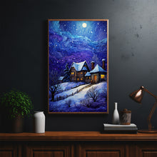 Winter Poster - Warm House in Snowfall, Oil Painting Style Wall Art Print for Cozy Seasonal Deco