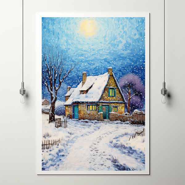 Winter Poster - Warm House in Snow, Oil Painting Style Wall Art Print for Cozy Seasonal Decor