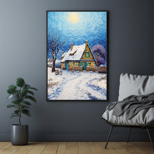 Winter Poster - Warm House in Snow, Oil Painting Style Wall Art Print for Cozy Seasonal Decor