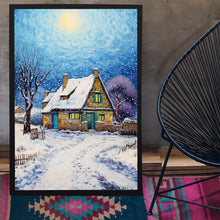 Winter Poster - Warm House in Snow, Oil Painting Style Wall Art Print for Cozy Seasonal Decor