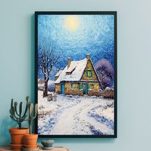 Winter Poster - Warm House in Snow, Oil Painting Style Wall Art Print for Cozy Seasonal Decor