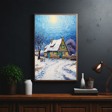 Winter Poster - Warm House in Snow, Oil Painting Style Wall Art Print for Cozy Seasonal Decor