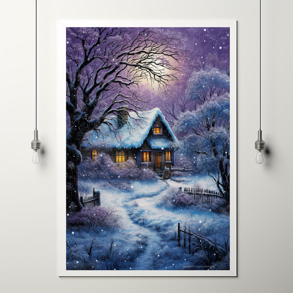 Winter Poster - Purple Warm House in Snow, Oil Painting Style Wall Art Print for Cozy Seasonal Decor