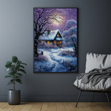 Winter Poster - Purple Warm House in Snow, Oil Painting Style Wall Art Print for Cozy Seasonal Decor