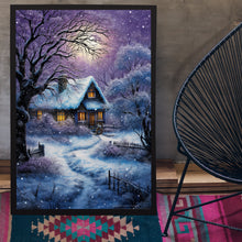 Winter Poster - Purple Warm House in Snow, Oil Painting Style Wall Art Print for Cozy Seasonal Decor