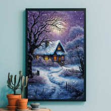 Winter Poster - Purple Warm House in Snow, Oil Painting Style Wall Art Print for Cozy Seasonal Decor