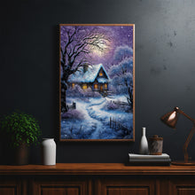 Winter Poster - Purple Warm House in Snow, Oil Painting Style Wall Art Print for Cozy Seasonal Decor