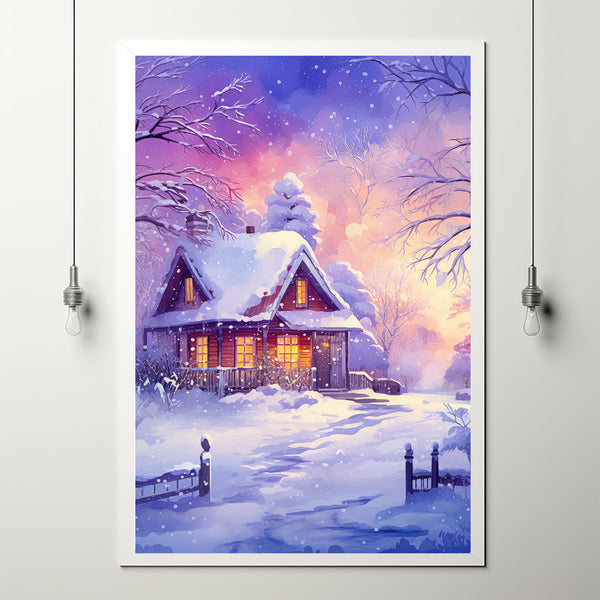 Winter Poster - Purple Warm House in Snow, Oil Painting Style Wall Art Print for Cozy Seasonal Decor