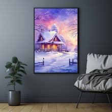 Winter Poster - Purple Warm House in Snow, Oil Painting Style Wall Art Print for Cozy Seasonal Decor