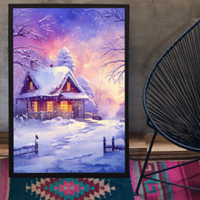 Winter Poster - Purple Warm House in Snow, Oil Painting Style Wall Art Print for Cozy Seasonal Decor