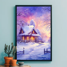 Winter Poster - Purple Warm House in Snow, Oil Painting Style Wall Art Print for Cozy Seasonal Decor