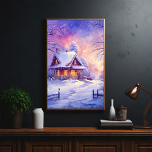 Winter Poster - Purple Warm House in Snow, Oil Painting Style Wall Art Print for Cozy Seasonal Decor