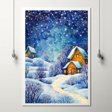 Winter Poster - Warm House in Snowfall, Oil Painting Style Wall Art Print for Cozy Seasonal Deco