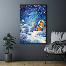 Winter Poster - Warm House in Snowfall, Oil Painting Style Wall Art Print for Cozy Seasonal Deco