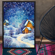 Winter Poster - Warm House in Snowfall, Oil Painting Style Wall Art Print for Cozy Seasonal Deco