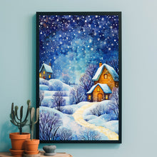 Winter Poster - Warm House in Snowfall, Oil Painting Style Wall Art Print for Cozy Seasonal Deco