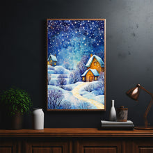 Winter Poster - Warm House in Snowfall, Oil Painting Style Wall Art Print for Cozy Seasonal Deco