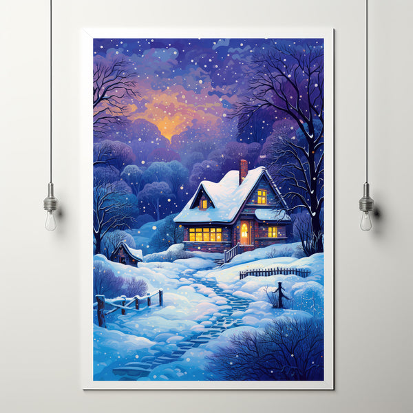 Winter Poster - Warm House in Snowfall, Oil Painting Style Wall Art Print for Cozy Seasonal Deco