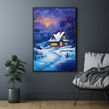 Winter Poster - Warm House in Snowfall, Oil Painting Style Wall Art Print for Cozy Seasonal Deco