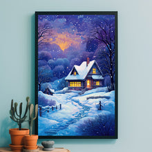 Winter Poster - Warm House in Snowfall, Oil Painting Style Wall Art Print for Cozy Seasonal Deco