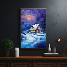 Winter Poster - Warm House in Snowfall, Oil Painting Style Wall Art Print for Cozy Seasonal Deco