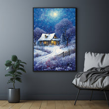 Christmas Wall Art, Winter Poster - Warm House in Snowfall, Oil Painting Style Wall Art Print for Cozy Seasonal Decor