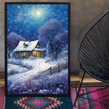 Christmas Wall Art, Winter Poster - Warm House in Snowfall, Oil Painting Style Wall Art Print for Cozy Seasonal Decor