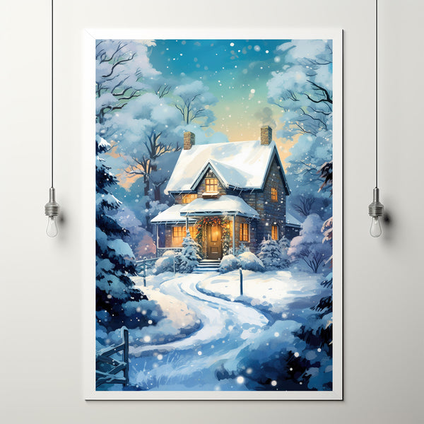 Winter Poster - Warm House in Snow, Oil Painting Style Wall Art Print for Cozy Seasonal Decor