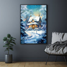 Winter Poster - Warm House in Snow, Oil Painting Style Wall Art Print for Cozy Seasonal Decor