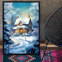 Winter Poster - Warm House in Snow, Oil Painting Style Wall Art Print for Cozy Seasonal Decor