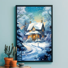 Winter Poster - Warm House in Snow, Oil Painting Style Wall Art Print for Cozy Seasonal Decor