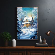 Winter Poster - Warm House in Snow, Oil Painting Style Wall Art Print for Cozy Seasonal Decor