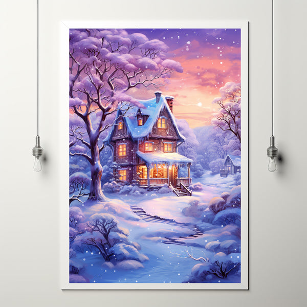 Winter Poster - Snowing House in Purple and Warm Hues Wall Art Print for Cozy Seasonal Decor