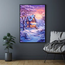 Winter Poster - Snowing House in Purple and Warm Hues Wall Art Print for Cozy Seasonal Decor