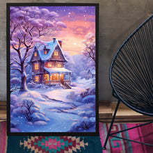 Winter Poster - Snowing House in Purple and Warm Hues Wall Art Print for Cozy Seasonal Decor