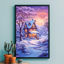 Winter Poster - Snowing House in Purple and Warm Hues Wall Art Print for Cozy Seasonal Decor