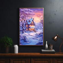 Winter Poster - Snowing House in Purple and Warm Hues Wall Art Print for Cozy Seasonal Decor