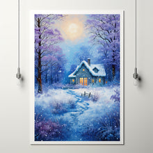 Winter Poster - Warm House in Snow, Oil Painting Style Wall Art Print for Cozy Seasonal Decor