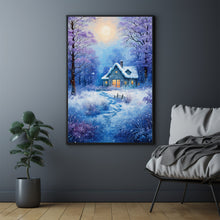 Winter Poster - Warm House in Snow, Oil Painting Style Wall Art Print for Cozy Seasonal Decor