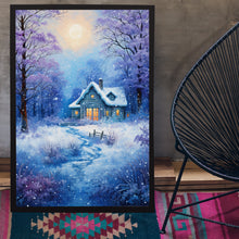 Winter Poster - Warm House in Snow, Oil Painting Style Wall Art Print for Cozy Seasonal Decor