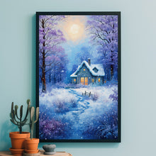 Winter Poster - Warm House in Snow, Oil Painting Style Wall Art Print for Cozy Seasonal Decor