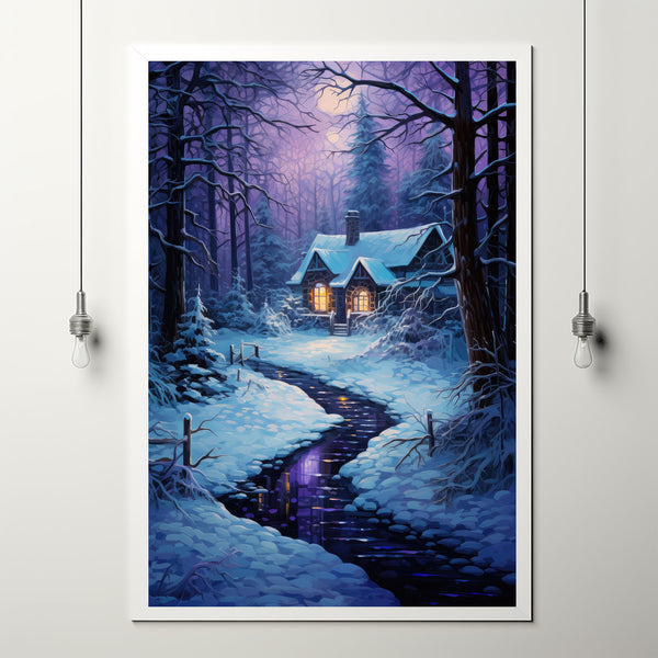 Serene Christmas Home in Winter Forest Poster - Cozy Winter Retreat Art, Ideal Gift for Christmas and Winter Enthusiasts