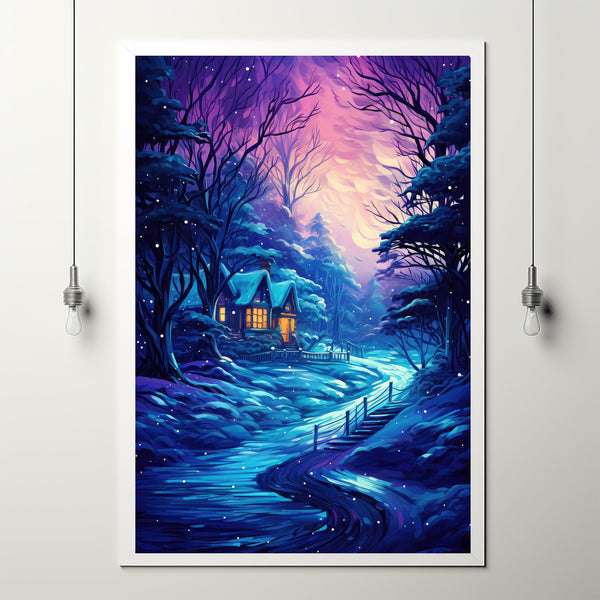 Serene Christmas Home in Winter Forest Poster - Cozy Winter Retreat Art, Ideal Gift for Christmas and Winter Enthusiasts