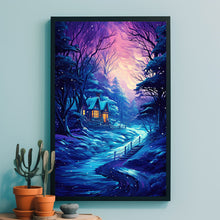 Serene Christmas Home in Winter Forest Poster - Cozy Winter Retreat Art, Ideal Gift for Christmas and Winter Enthusiasts