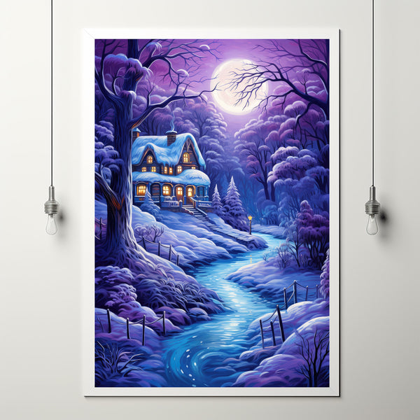 Serene Christmas Home Art Canvas - Cozy Home in Cyan and Violet Splendor, Perfect Gift for Christmas and Winter Enthusiasts