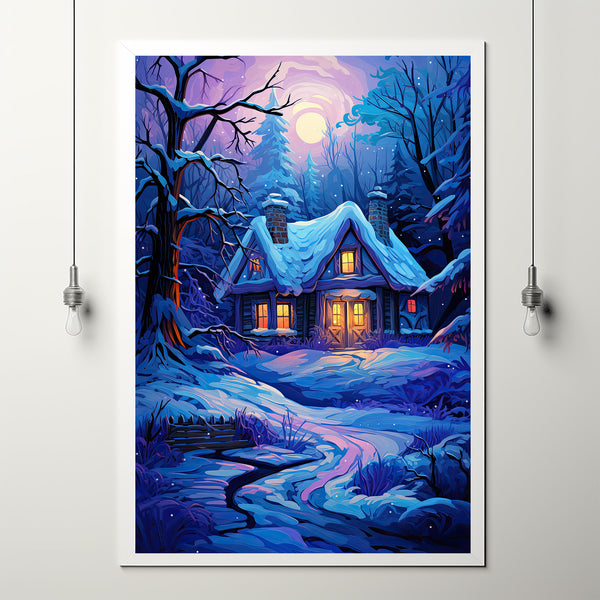 Serene Christmas Home Art Canvas - Cozy Home in Cyan and Violet Splendor, Perfect Gift for Christmas and Winter Enthusiasts