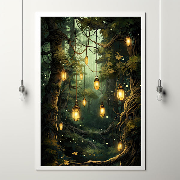 Spiritual Forest Wall Art Print - Enchanted Trees & River Lantern Scene - Mystical Fantasy Painting - Atmospheric Living Room Decor - Unique Gift Idea